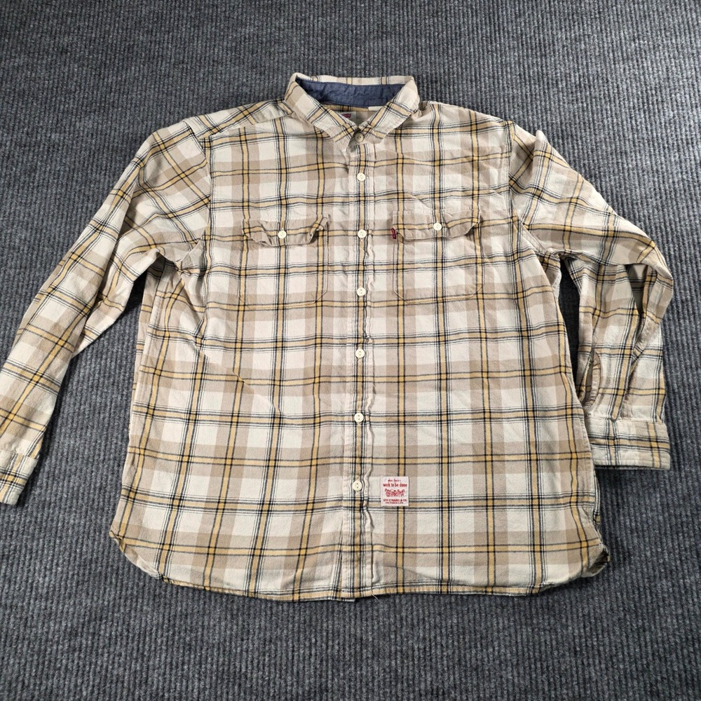 Levis Mens Relaxed Fit Plaid Flannel Shirt Tan Yellow Long Sleeve Large L